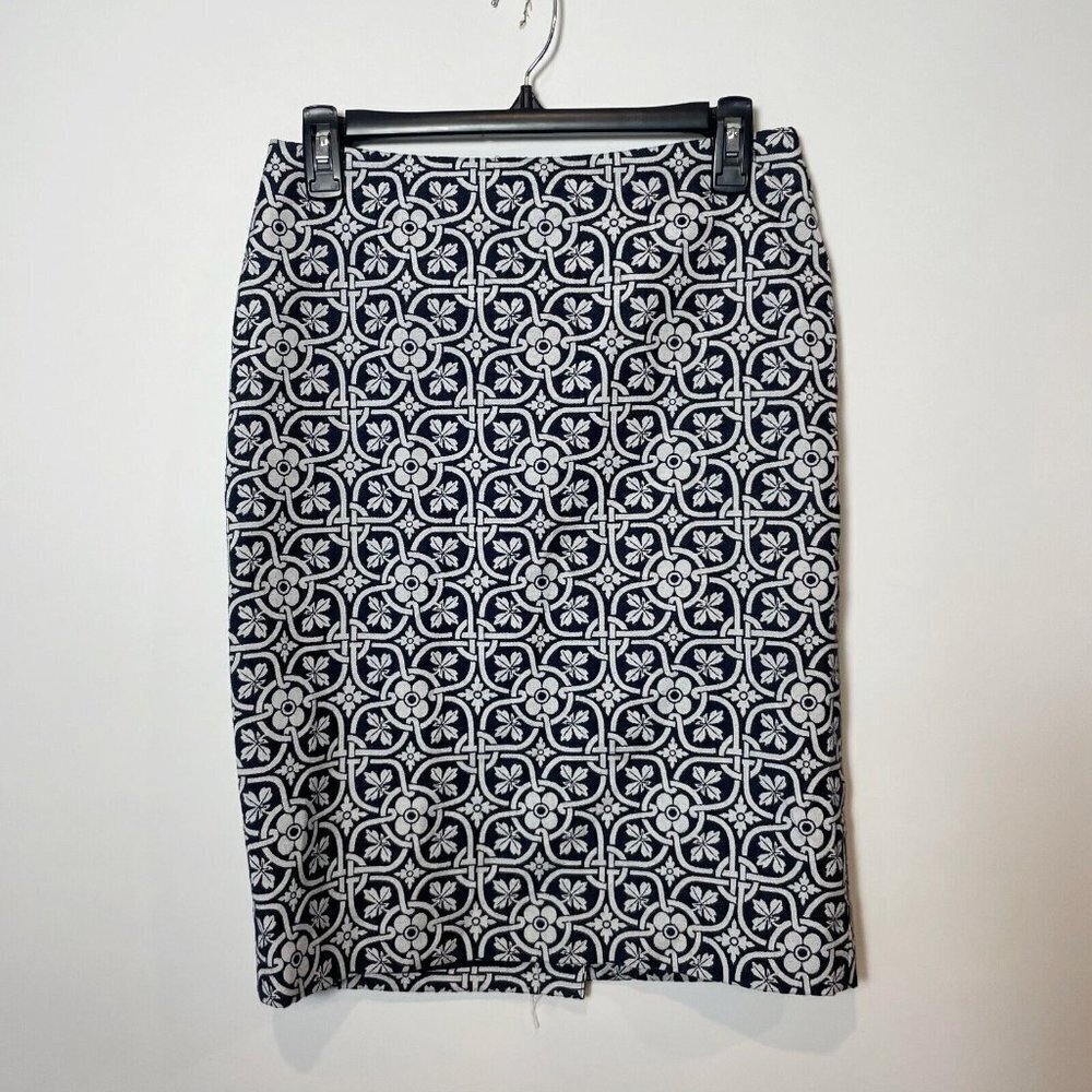 Talbots Straight Pencil Skirts Womens Navy White 2 Geometric Lined Zip Pleat NEW